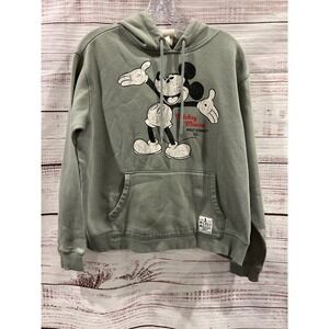 H&M Disney Mickey Mouse Hoodie Sage Green Distressed Graphic Pullover Medium